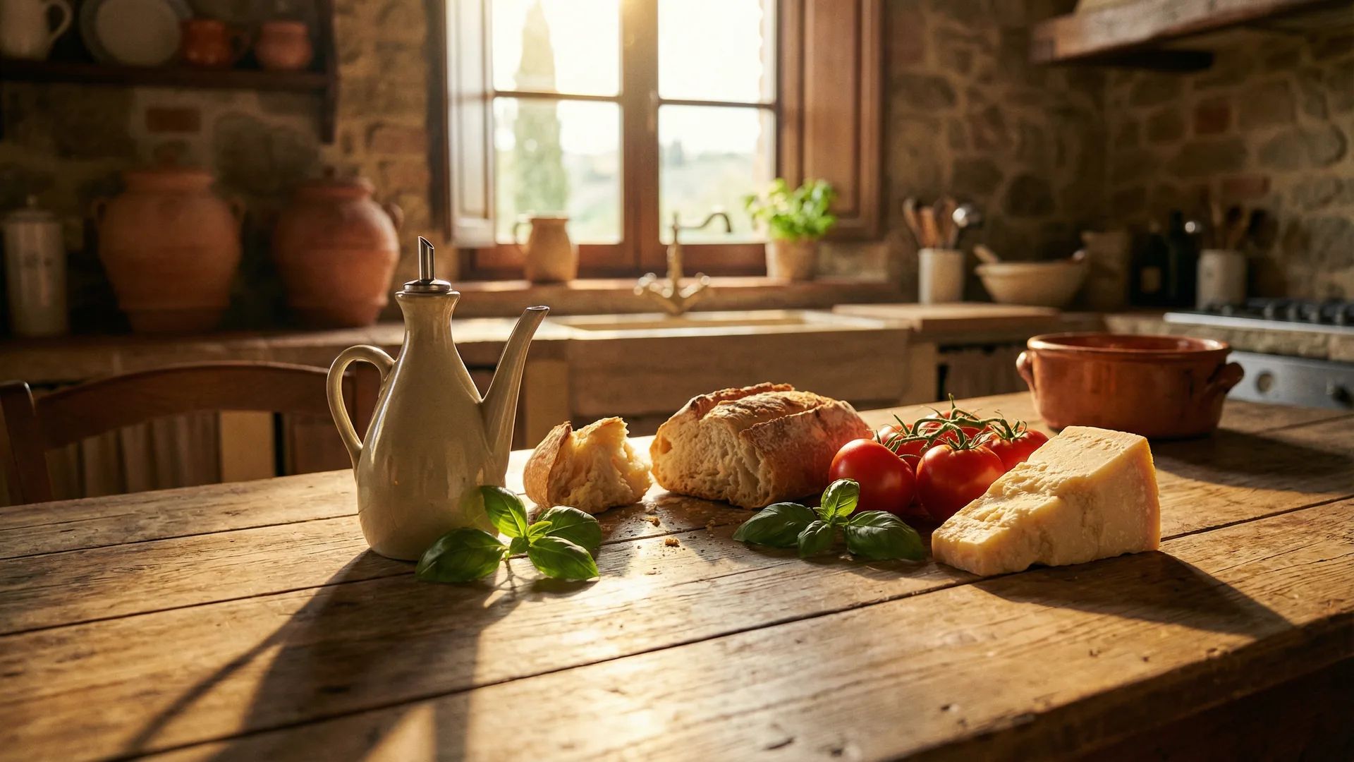 Rustic Italian table with artisan bread, premium olive oil, and fresh Mediterranean ingredients