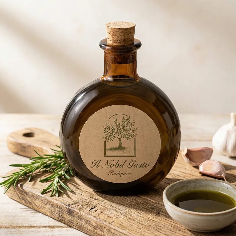 Il Nobil Gusto Organic Robust Blend olive oil in amber bottle with cork stopper