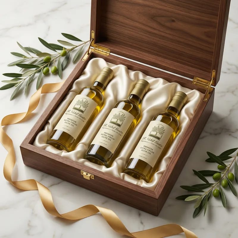 Il Nobil Gusto luxury corporate gift box with three premium olive oil bottles in wooden case