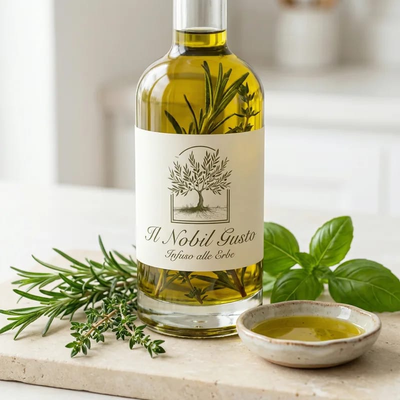 Il Nobil Gusto Herb Infused olive oil in clear glass bottle with fresh herbs