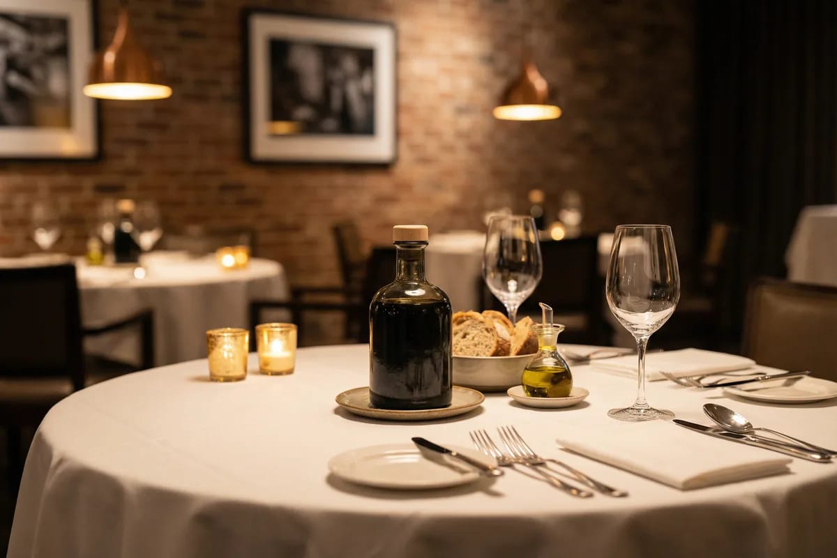 Elegant fine dining restaurant table setting with premium olive oil bottle as centerpiece