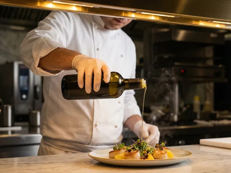 Professional chef drizzling premium olive oil over a beautifully plated dish in a luxury restaurant kitchen